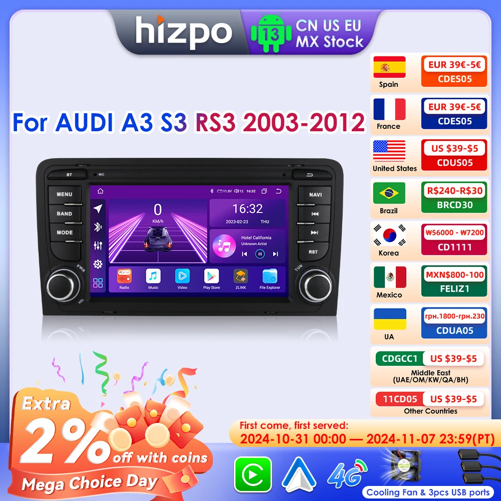 

Hizpo 7-дюймовый Android-радио для Audi A3 8P 2003-2012 S3 RS3 Carplay Автомобильный мультимедийный RDS GPS 2din Авторадио AI Voice 8 ядер 7862