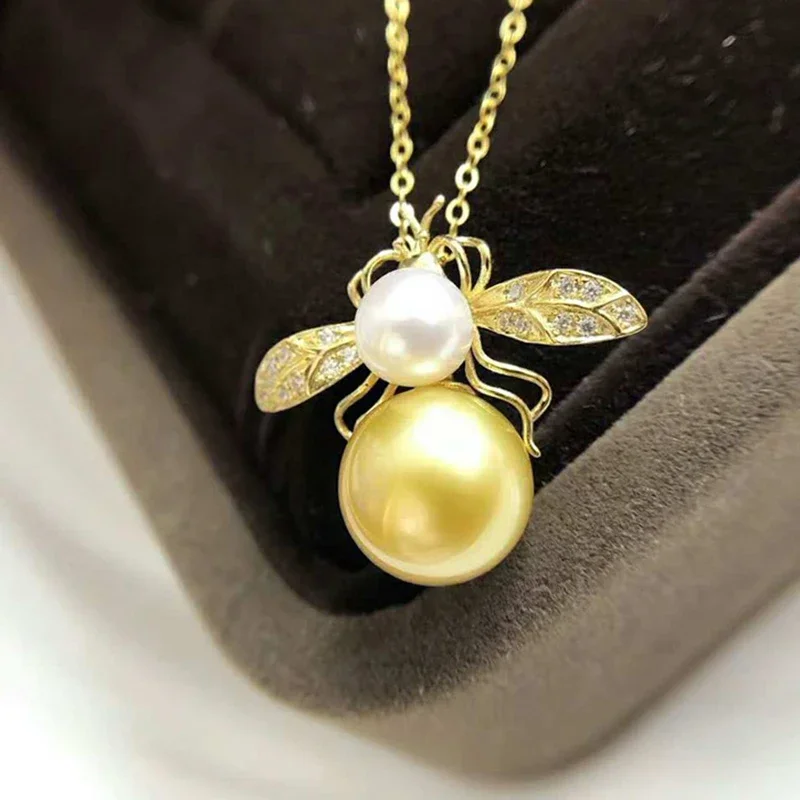 DSHIJOJ 10-11mm Southsea Pearl Perfect Round Bee Style 18K Gold Pendant Necklace