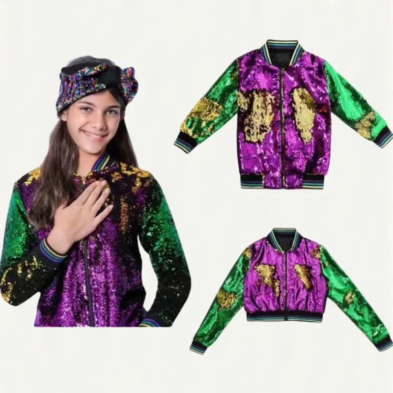 2025 Mardi Gras Women Jacket Long Sleeve Zipper Coats Fashion Girls Carnival Outerwear Reversible Sequin Purple Green Jackets