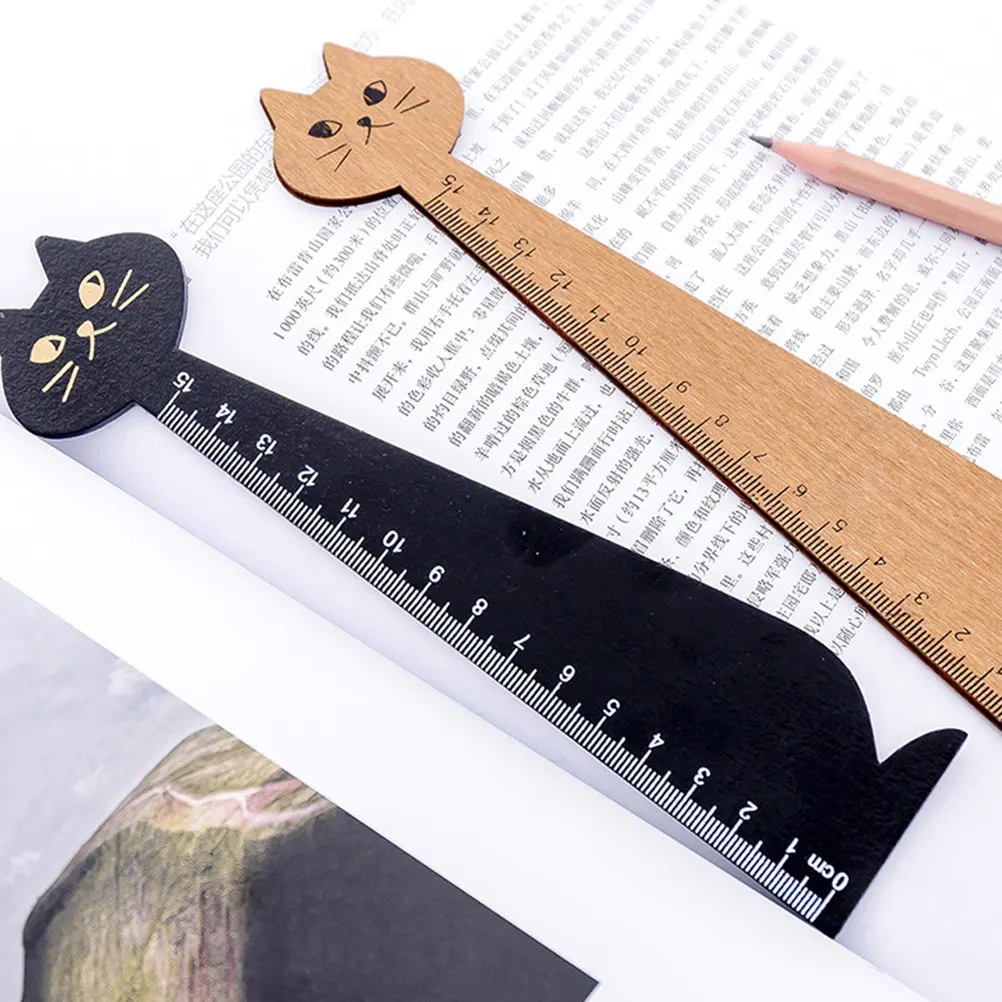 6Pcs Cartoon Cat Wooden Ruler Set Clear Scale Straight Edge Measuring Tool for Students School Office Home Drawing
