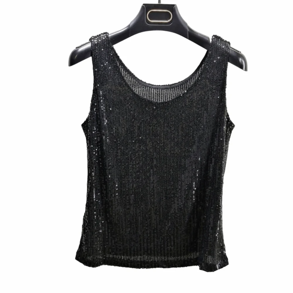 

Trendy Solid Color Sequin Vest Loose Sequin Design Women's Tank Top Breathable Sleeveless Glitter Tops for Women