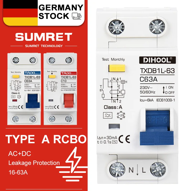 

Type A RCCB MCB RCBO 1P+N 10A 16A 20A 32A 40A 63A Residual Current Circuit Breaker Leakage 30MA Overload Protection