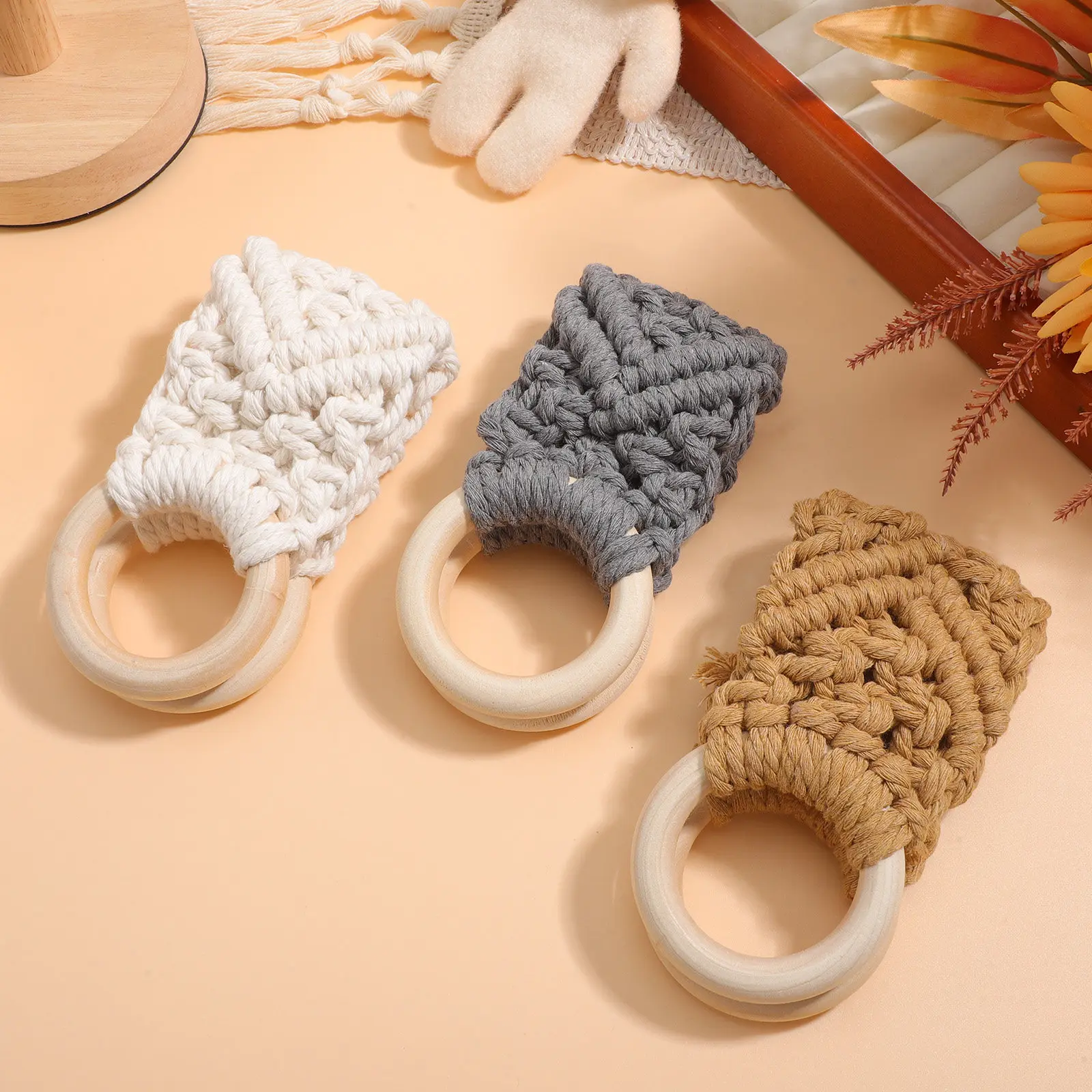 3 Pcs Ring Mounted Bathroom Hand Macrame Crochet Dish Towel Holder Hand-woven Hanging Loops Rail