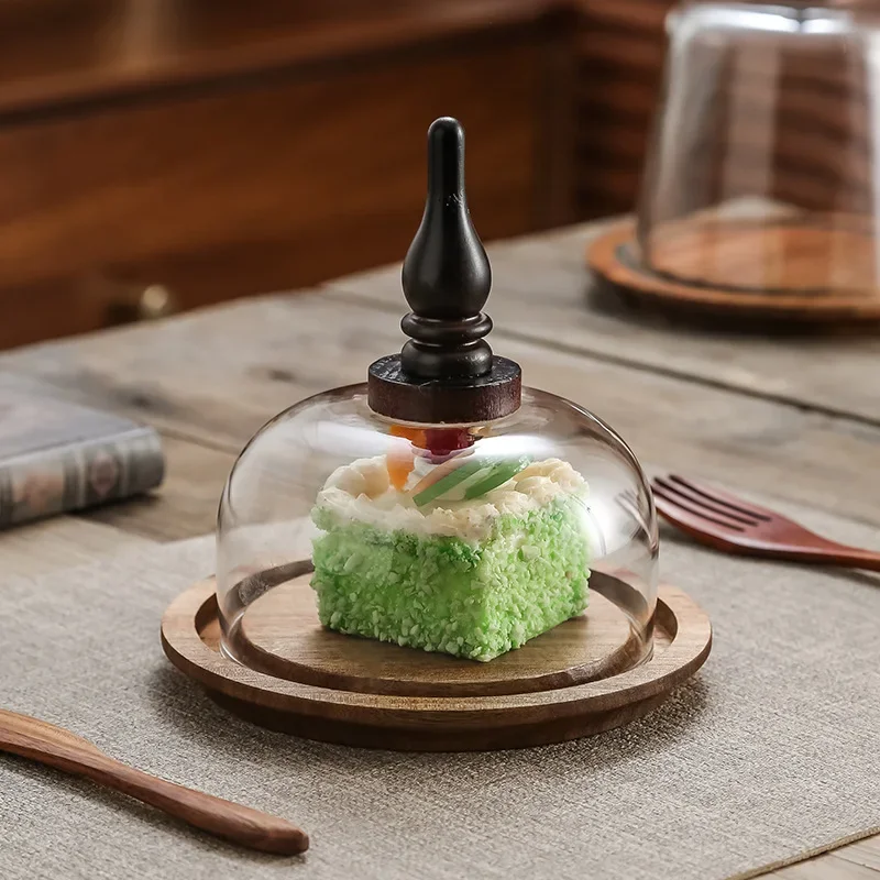 Wooden Cake Plate Tray with Glass Cover for Dessert Display Bread Butter Box