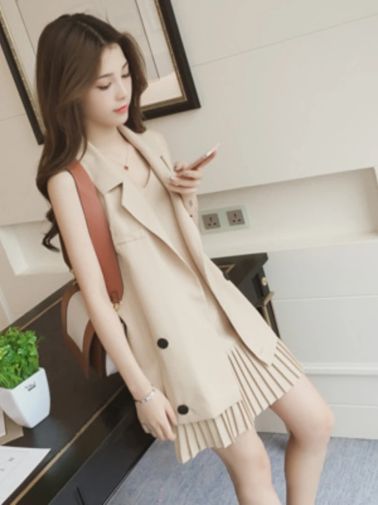 Spring Summer 2023 Medium Long Suit Vest Coat+pleated Suspender Dress Fashion Suit Women's Leisure Two-piece Set Two Piece Dress