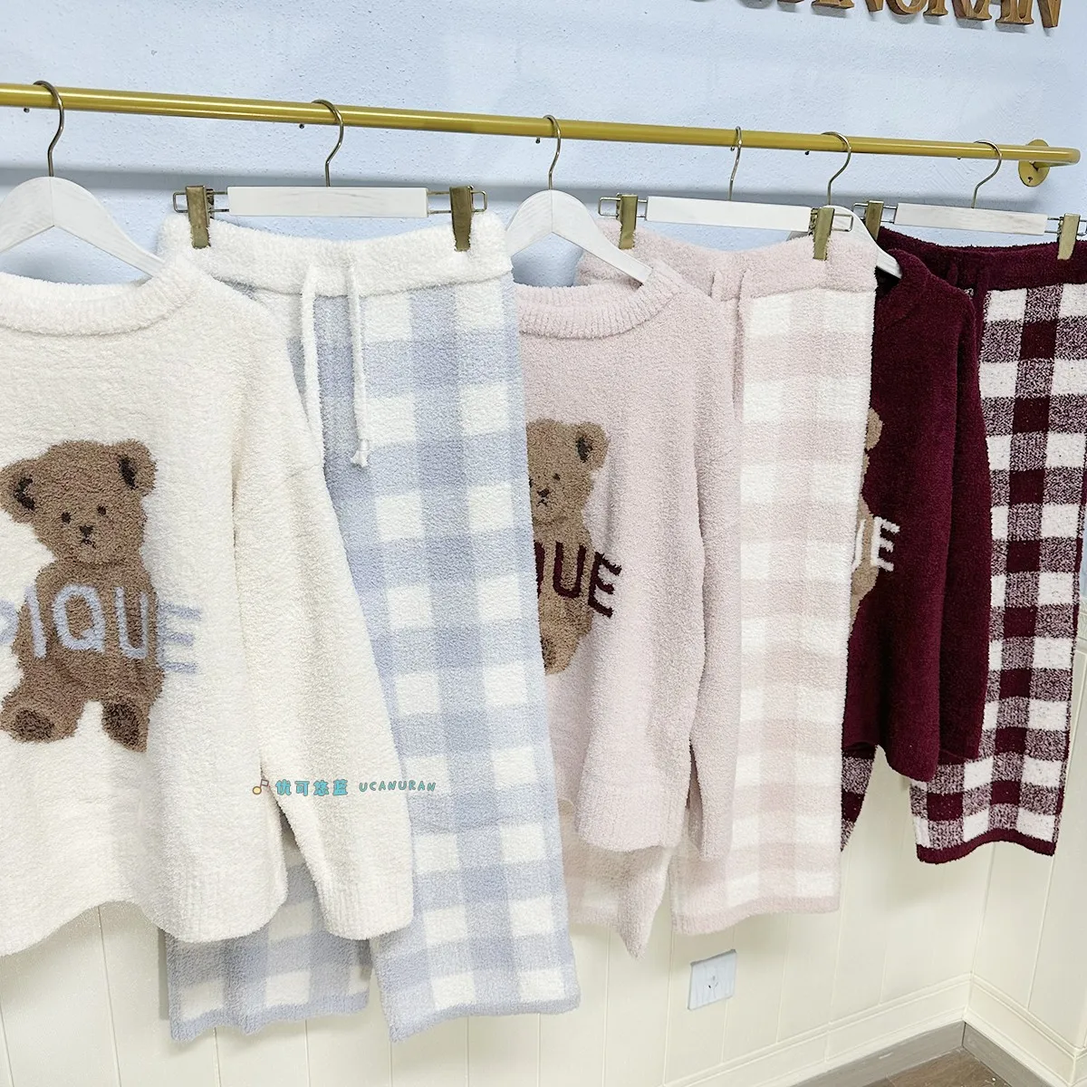 Japan Style Original New Year Teddy Bear Plaid Winter Thick Pajamas Knitted Sweaters Gown Wine Sleepwear Loungewear