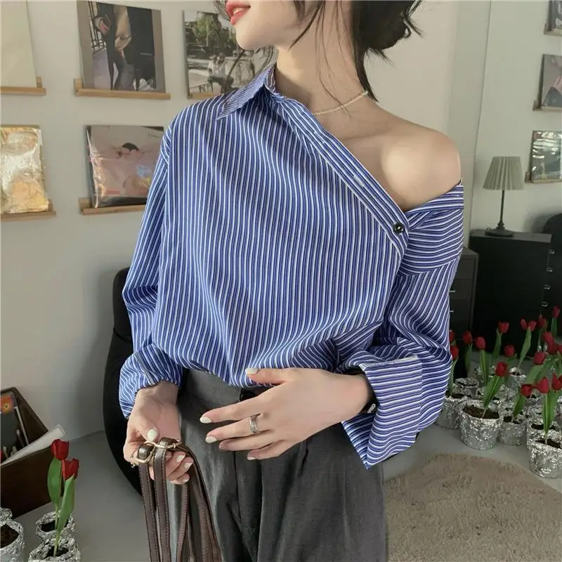 Women Striped Print Asymmetric Design Chic Streetwear Shirts Trendy Korean Style Sexy Off Shoulder Blouses Long Sleeve Loose Top