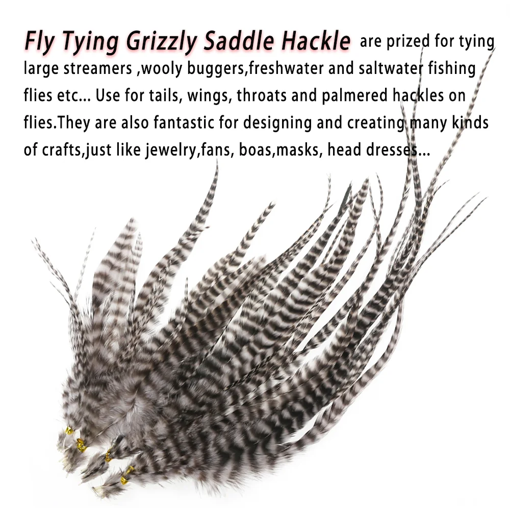 10 Stück/Packung Grizzly Saddle Hackle Hahnenhaar-Feder Fliegenbindematerial für Wooly Bugger Streamer Fliegen, Hechtangelköder – Detail 2
