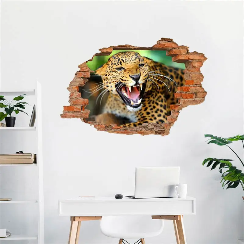 

M411 Ferocious Tiger 3D Broken Wall Creative Mural Grassland Landscape Stickers Home Decoration Scenery Poster Wallpaper
