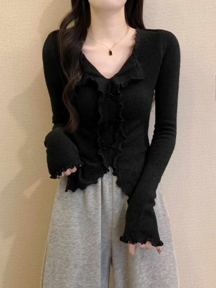 Women's Knitted Wool V Neck Base Shirt Fashionable Autumn Winter New Style Sweater Solid Color Full Sleeve Top Female Trendy M6