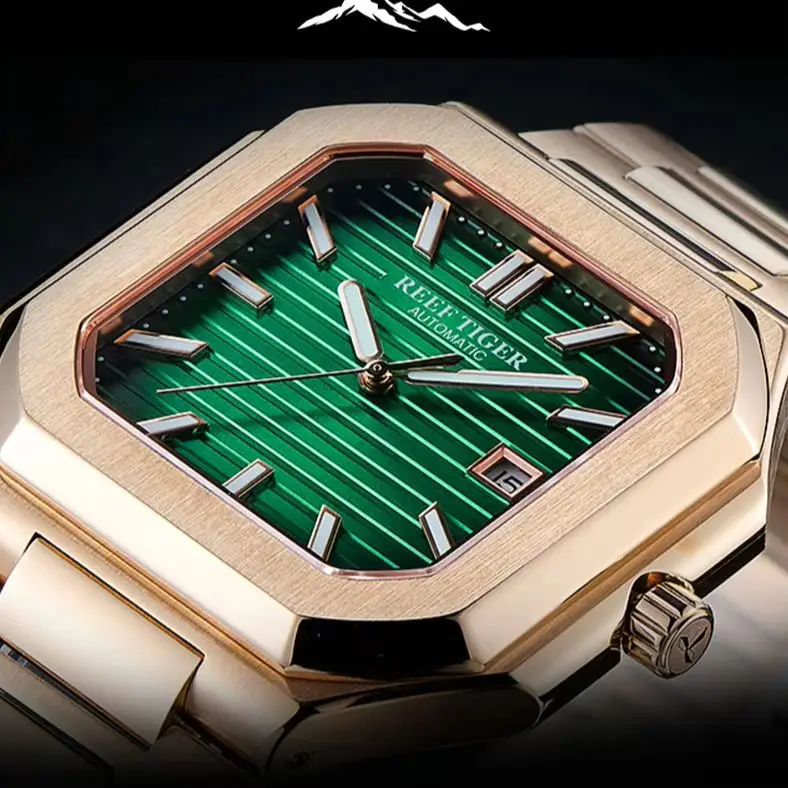 Reef Tiger Men Automatic Watch 44mm Square Luxury Mechanical Wristwatch 5ATM Waterproof Luminous Sapphire Mirror Date