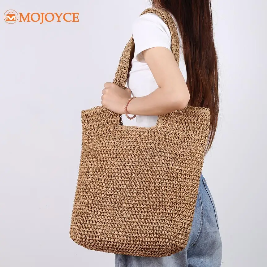 

Hand-Woven Beach Bag Ladies Handmade Paper Rope Armpit Bag Large Capacity Tote Handbags Summer Woven Women's Casual Shoulder Bag