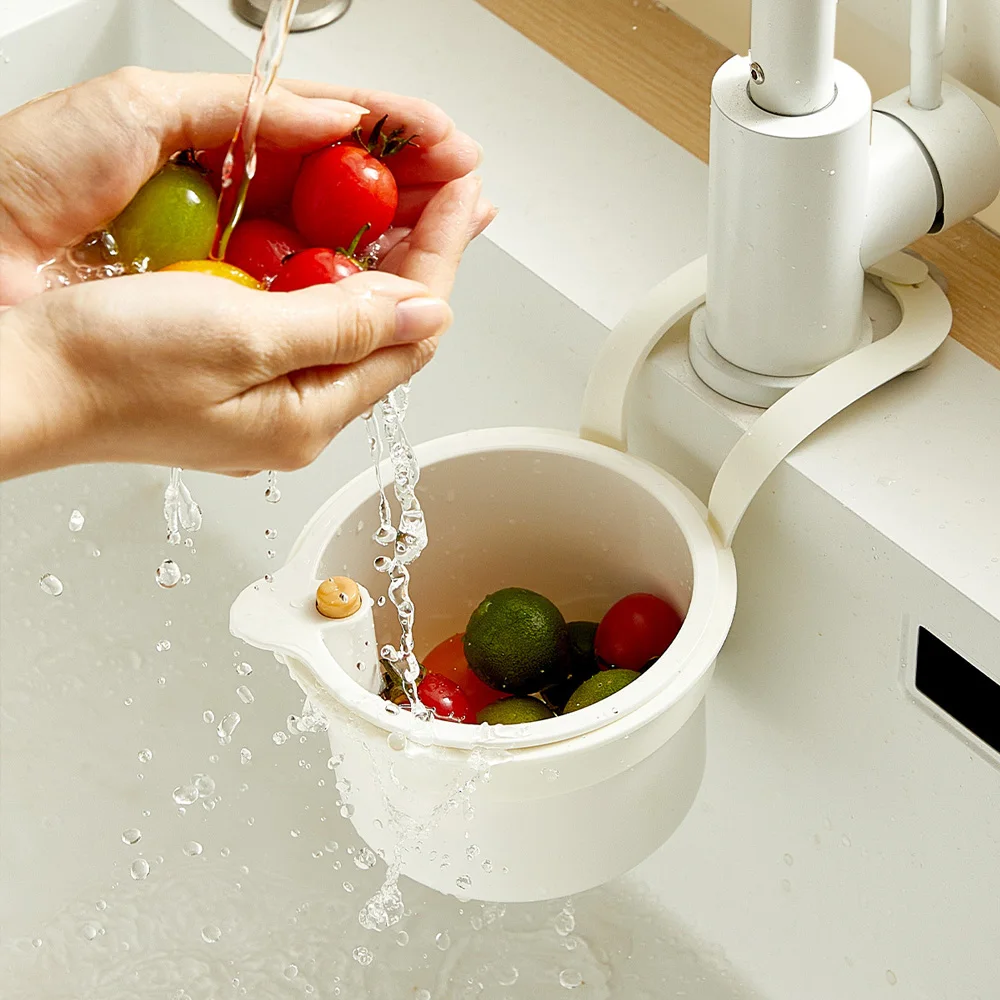 2 IN 1 Kitchen Sink Strainer Stopper One-click Opening Hanging Filter Basket Dishwasher Sink Strainer Quickly Drain Storage Tool