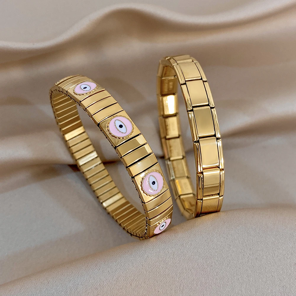 DODOHAO Classic Design Stainless Steel Bracelet Bangle for Women 9mm Width Itanlian Links Elastic Bracelet Waterproof Jewelry