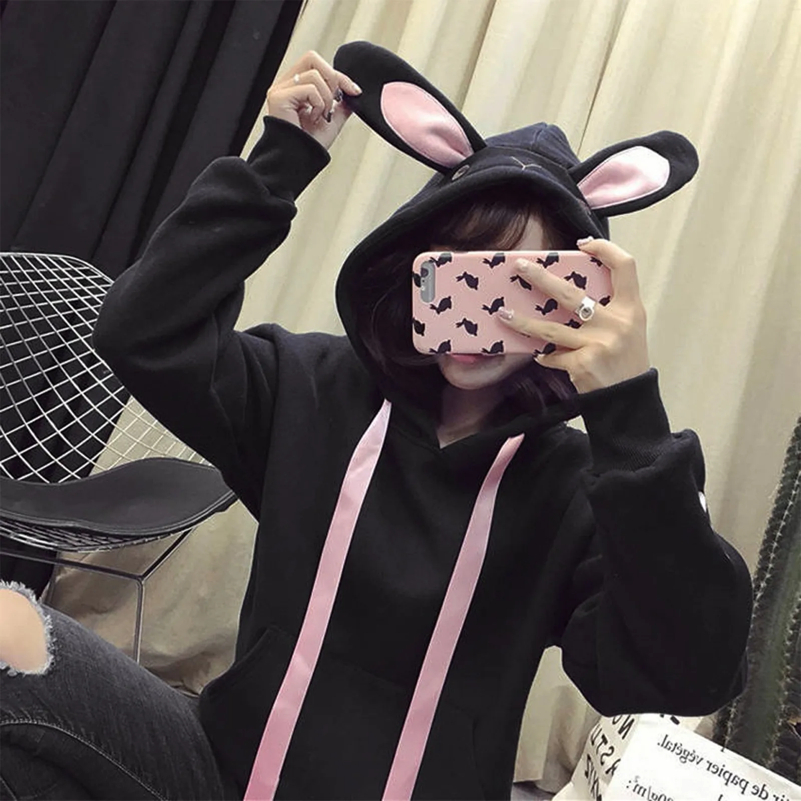 Ladies\' Winter And Winter Hooded Cute Bunny Ear Blouse Round Neck Pullover Home Fashion Casual Kawaii Coat Daily With Pockets