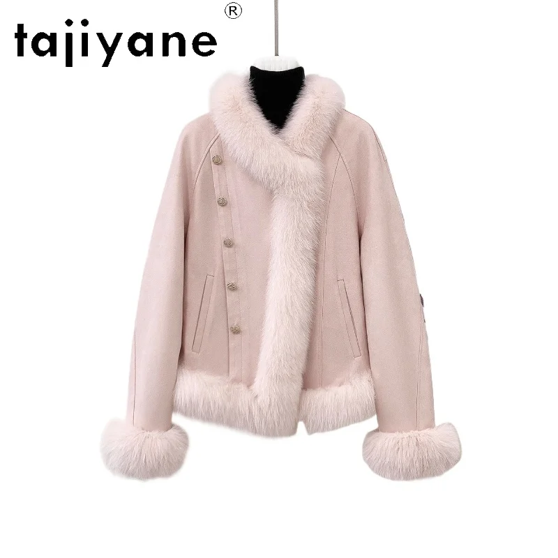 

TAJIYANE Goose Down Short Coats Women Stylish Fox Fur Collar Suede Jackets Warm Ladies Outerwears 2025 Winter Woman Clothes 경량패딩