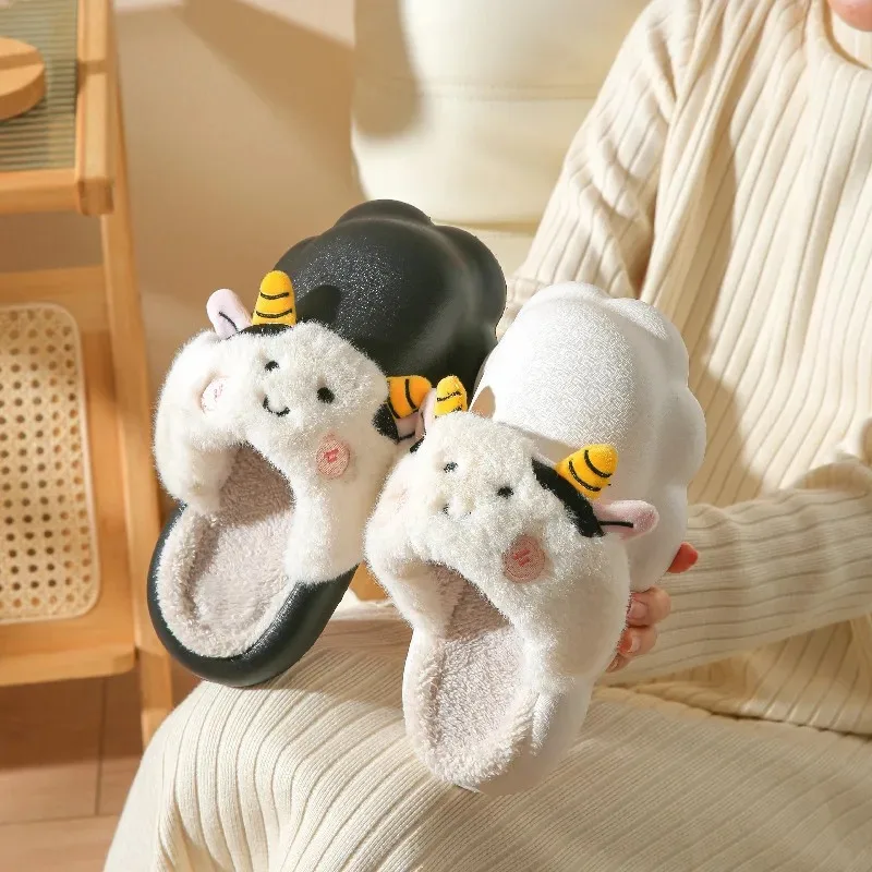 Casual Fluffy Slippers Women Home Flats Sheep Cartoon Cute Designer Shoes Girls Fashion Winter Platform Slippers House Big Size