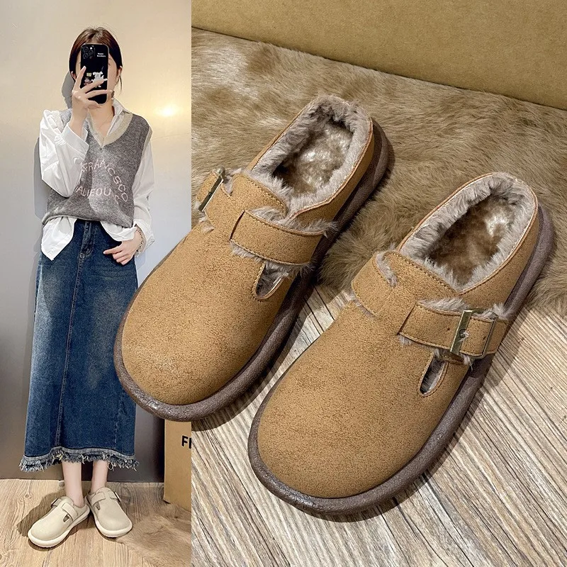 Fur Boston Clogs Slipper For Women 2023 Winter New Rubber Insole Plush Slippers With Arch Support Cozy Home Furry Suede Mules