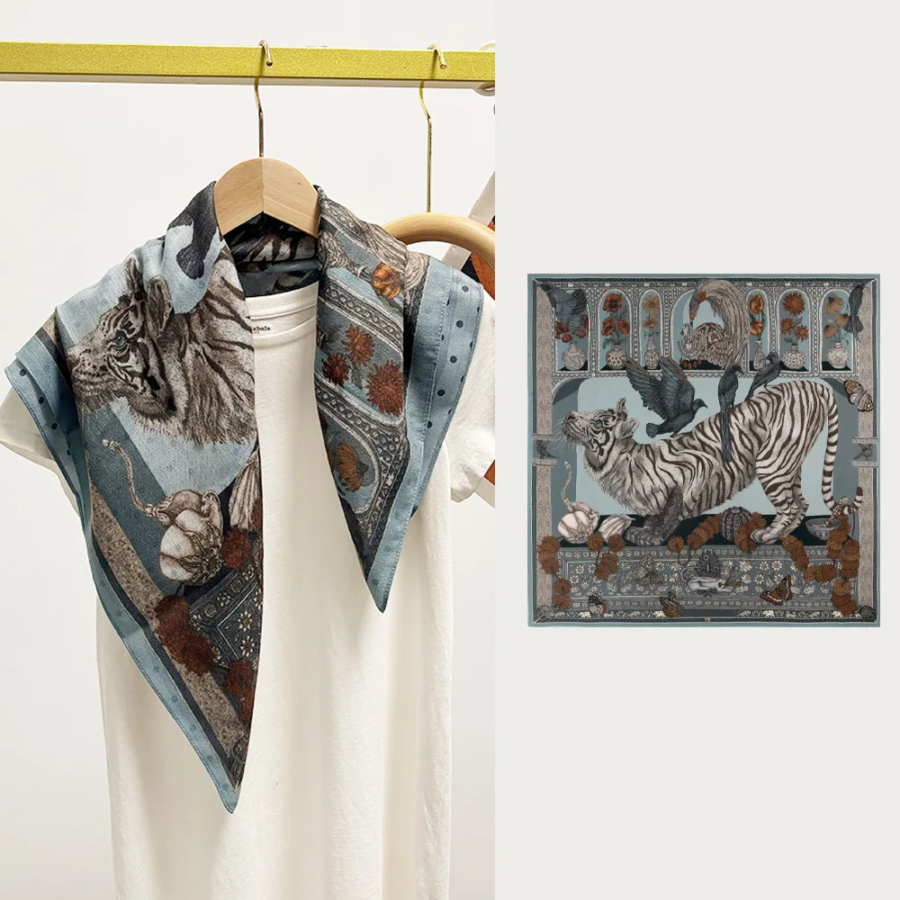 

65x65 см осень зима ретро искусственный шелковый шерстяной шарф животное тигр квадратная шаль универсальное элегантное одеяло мягкое женское 8SJ189