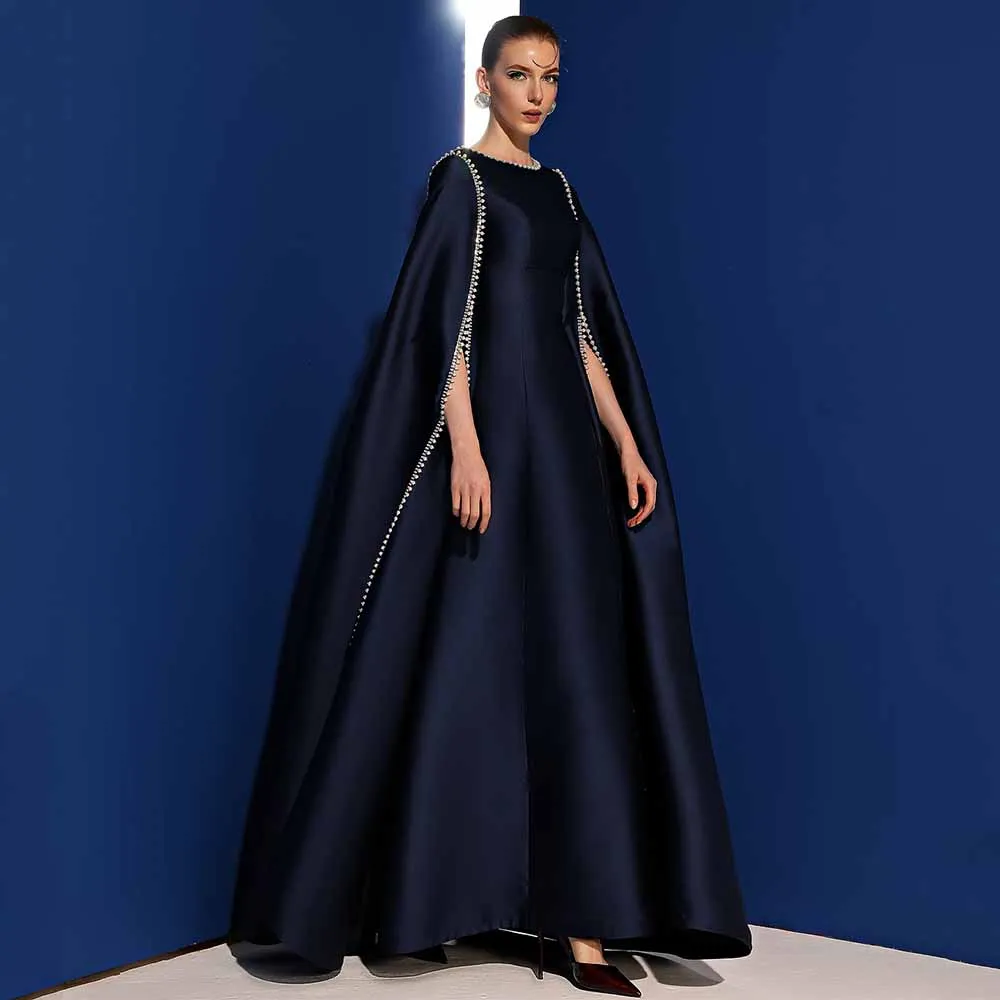 

Роскошные вечерние платья для женщин 2025 Темно-синие атласные вечерние платья с длинными рукавами-накидкой и круглым вырезом Вечернее платье