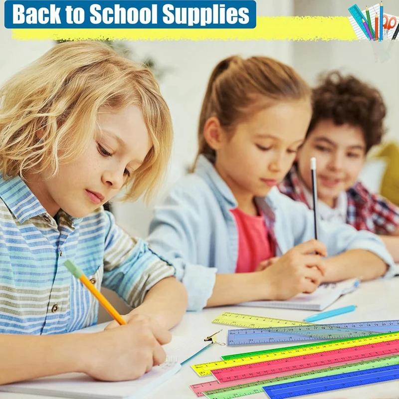 مساطر بلاستيكية مقاس 12 بوصة، 32 قطعة مساطر سائبة متري شفافة بألوان متنوعة مع ملليمتر بوصة.