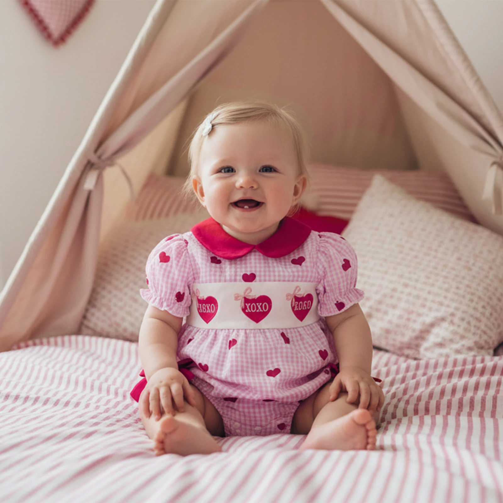 Infant Baby Girl Rompers Puff Short Sleeve Doll Collar Heart Embroidery Plaid Print Bow Decor Bubble Jumpsuit
