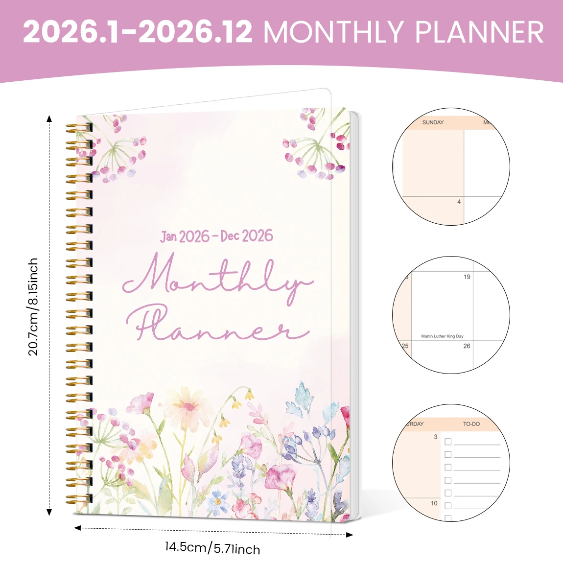 2026 A5 Monthly Planner,Floral Cover,Academic Agenda with Notes&To Do List,Perfect for Productivity,Time Management,Great Gift