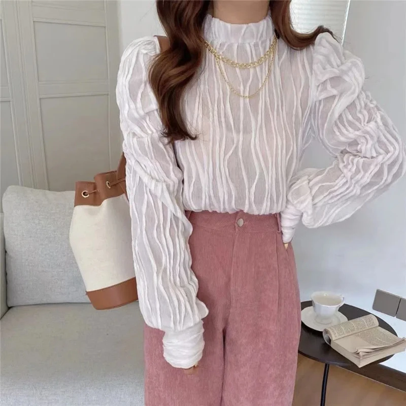 Half High Collar Pleated Vintage Blouses Tops Autumn Winter Long Sleeve Korean Fashion Loose Bottoming Pullovers Women Clothing