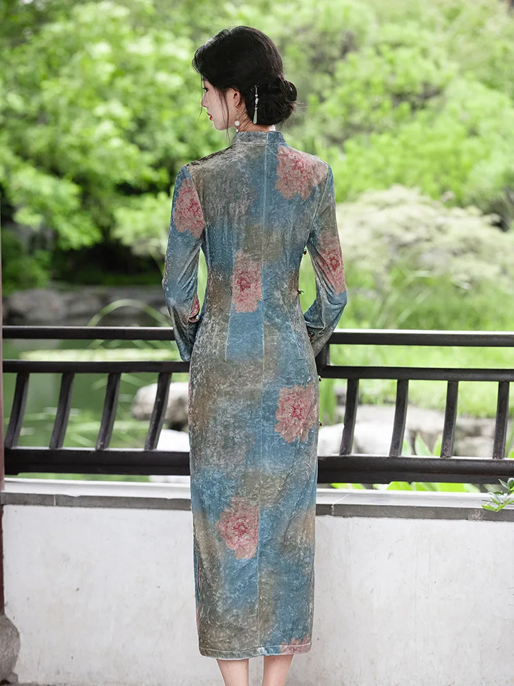 Outono inverno veludo longo cheongsam estilo chinês impressão veludo qipao tradicional gola mandarim vestido feminino