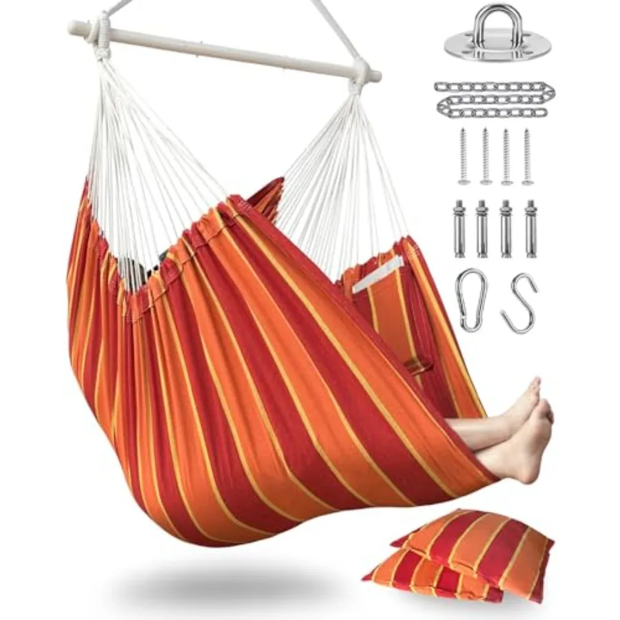 

XXL Hammock Chair Hanging Rope Swing with 2 Cushions - Max 500lbs - Outdoor Indoor Patio Porch Backyard Bedroom Use - Includes