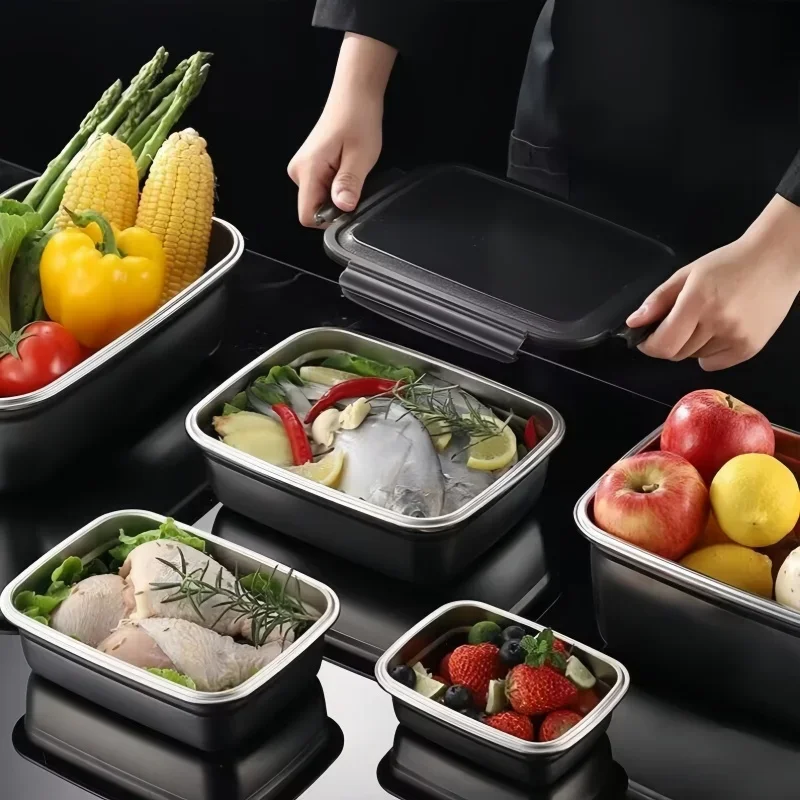 New 304 Stainless Steel Crisper Box Airtight Food Storage Container With Lid Lunch Bento Food Box Outdoor Picnic Camping Tool