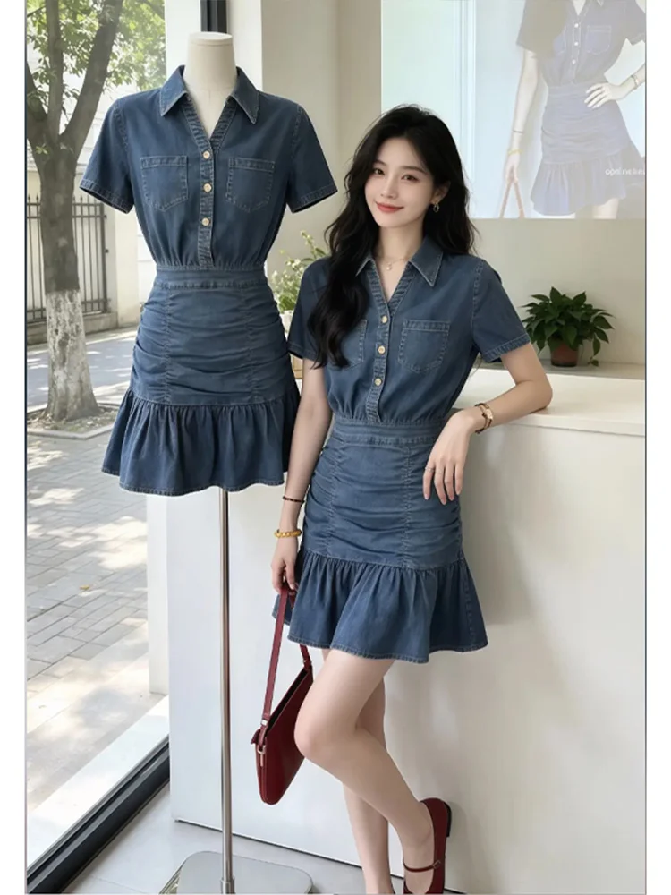 

Slimming High Waist V-Neck Folded Sleeveless Retro Style Women's Dress Fashionable Denim Skirt Casual A-Line Gown for Summer