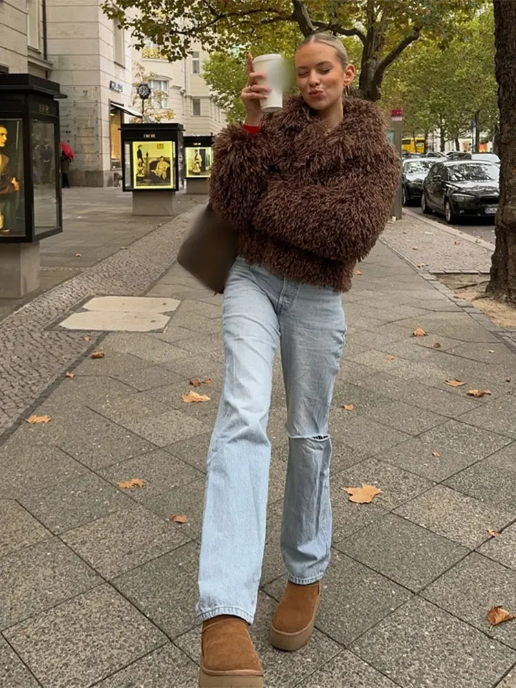 Chaqueta corta de piel sintética para mujer, cárdigan esponjoso de manga larga con solapa elegante, abrigos de invierno para mujer, ropa de calle cálida sólida, moda marrón