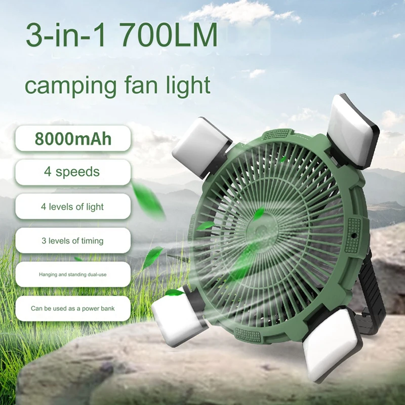 Ventilateur de Plafond Portable Sans Fil, Rechargeable, avec Lumière et Télécommande, pour Camping en Plein Air, 8000mAh