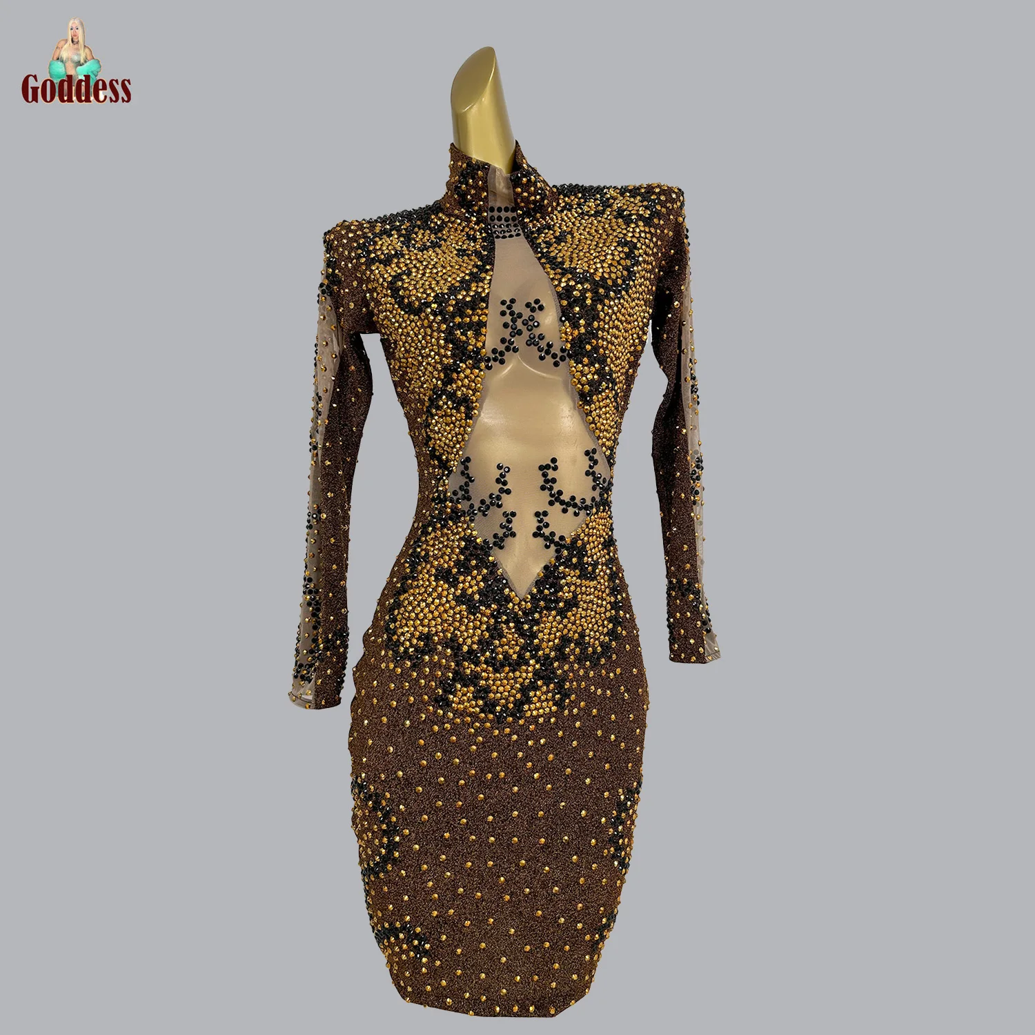 

Sparkly Gold Rhinestone Evening Dress for Elegant Women Bodycon Birthday Party Wear Sheer Mesh Dress Club Sexy Dinner Costume