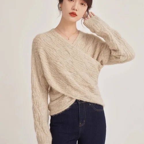 여성 브이넥 니트 스웨터, 프렌치 레트로 다크 브라운, 메일라드 스타일 디자인, 2024 가을 겨울 신상 