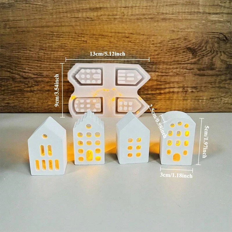 4PCS 3D Nordic Style Mini Pendant Silicone Mold Aromatherapy Gypsum Christmas House Candle Holder Mold LED Light Ornament Mould