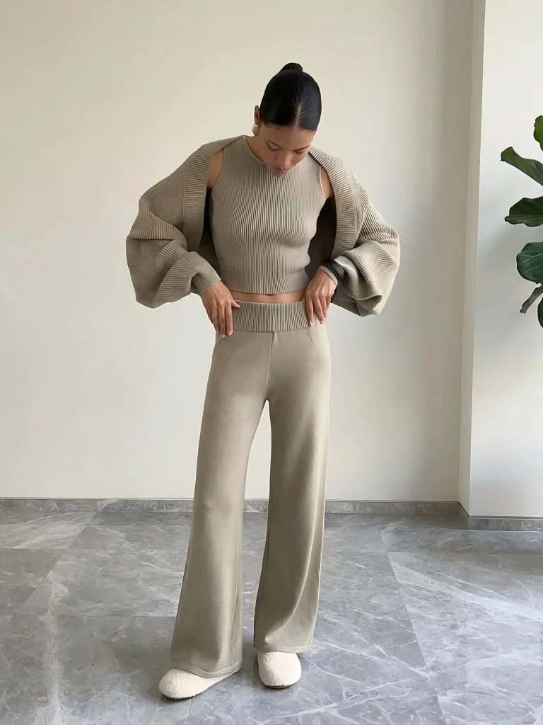 Wolfeel Women's Knitted Three Piece Ribbed Sleeveless Crop Top Long Sleeved and Long Pants Set Suitable for Casual Daily Wear