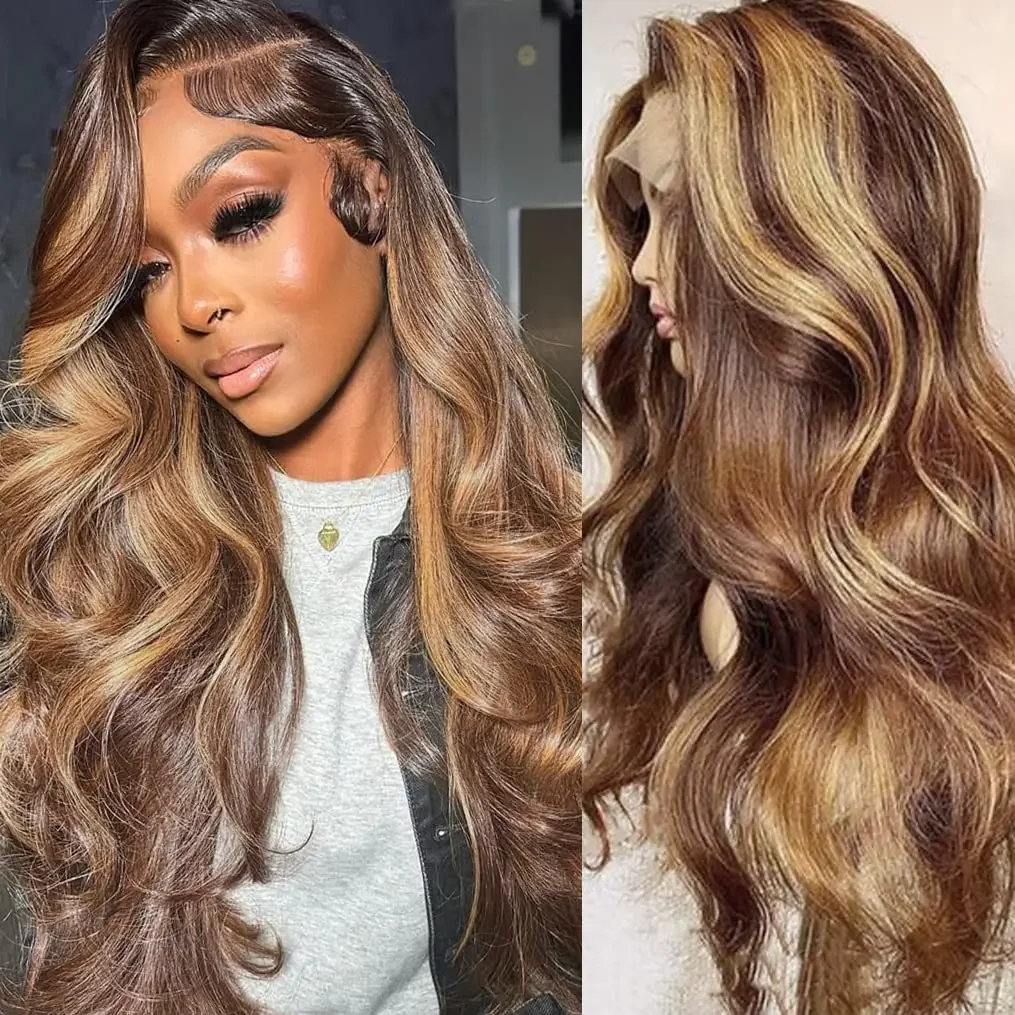 # 4/27 Ombre Highlight Body Lace Front Wigs Людские волосы Объемная волна Цветной парик фронтальной части шнурка Бразильский Remy для чернокожих женщин Парик 210%