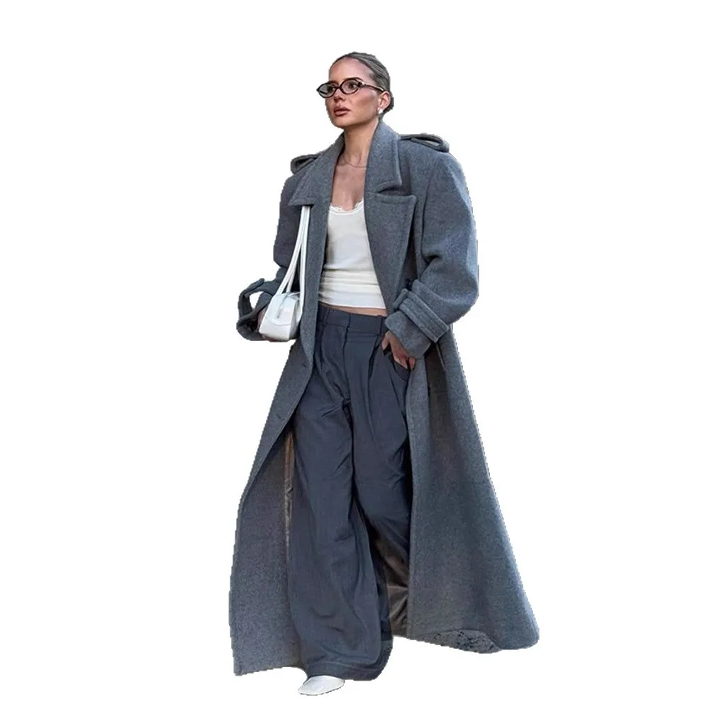 Casaco feminino de lã cinza, gola virada para baixo, bolso duplo, casaco feminino chique, jaqueta minimalista de rua alta para mulheres