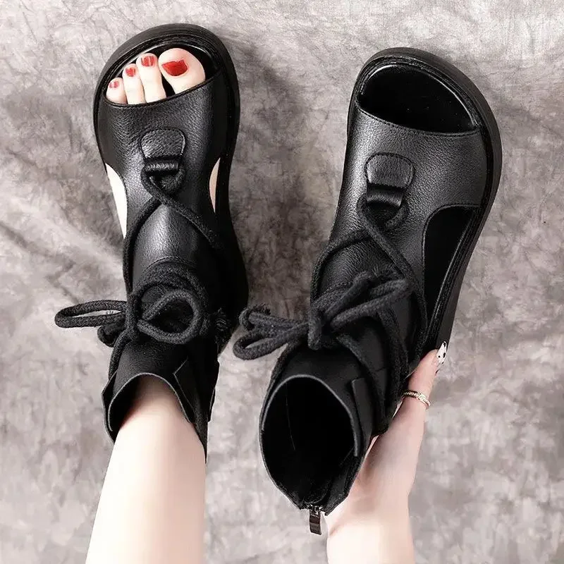 Summer Casual Fashion Vintage Wedge Heel Cool Boots Women\'s Platform Leather Fish Mouth Sandals Roman Shoes