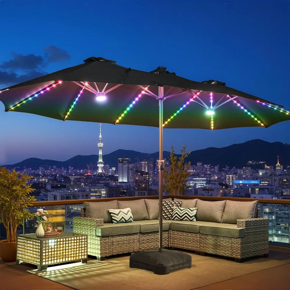 

Outdoor Patio Umbrella With Solar Light,15 Ft Large Beach Umbrella, Picnic Parasol Sunshade W Base 156 Colorful LED, Customized