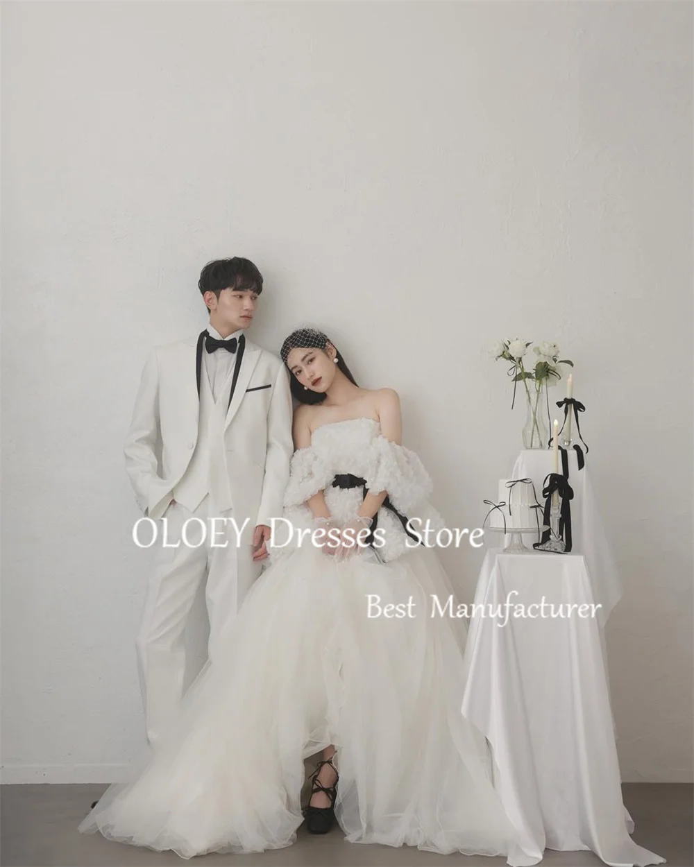 OLOEY Elegant Ivory Strapless A Line Wedding Dress Detachable Sleeves Japan Korea Photoshoot Floor Length Bridal Gown Customized