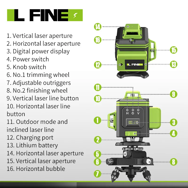 Woodworking 4D 16 Green Line Digital Display Laser Level 360 Horizontal Vertical Cross Lines W/ Auto Self-Leveling Super Powerfu