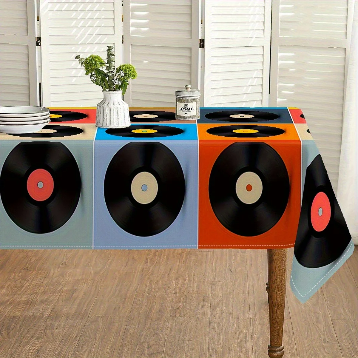 One vintage vinyl record printed tablecloth - colorful geometric pattern classic polyester rectangular table cover
