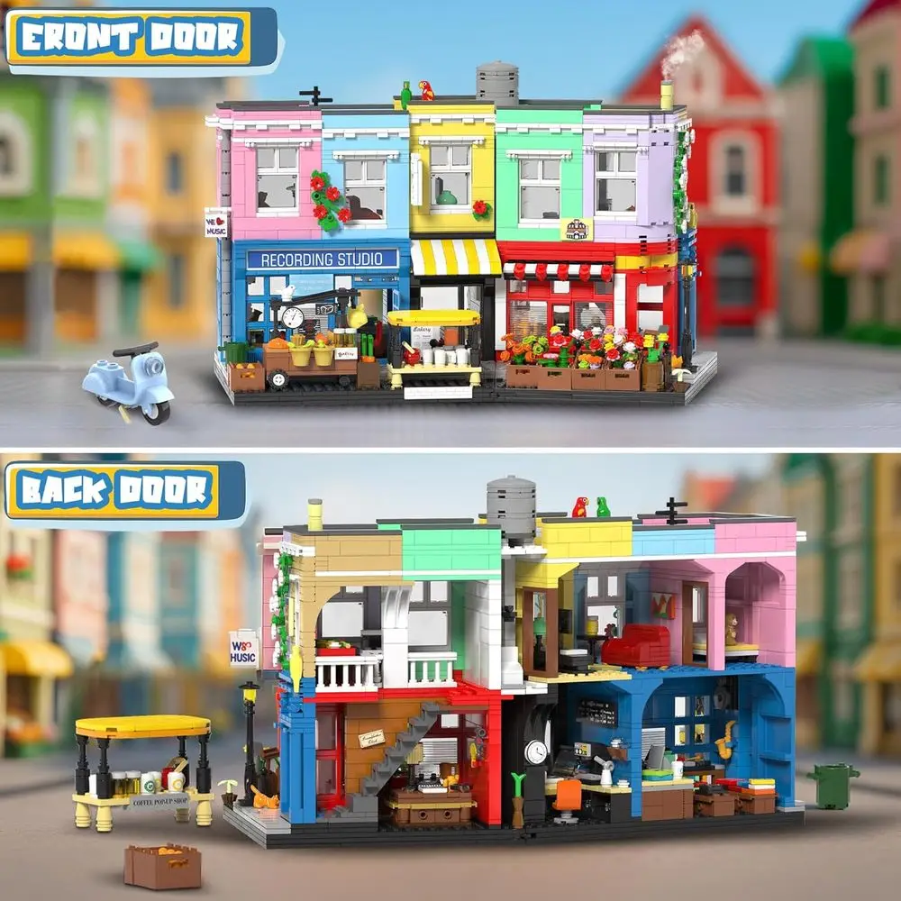 Juego de bloques de construcción London Main Street Architecture: 2666 piezas con estudio de grabación, cafetería, panadería, floristería para Adu