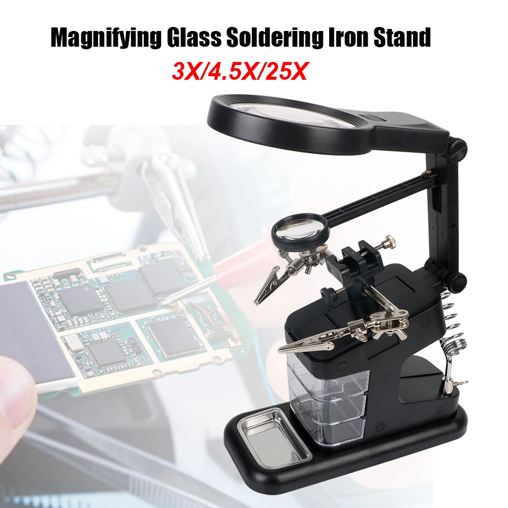 

Welding Tool With 3X/4.5X/25X Magnifying Glass 3 Hand Illuminated LED Alligator Clip Holder DIY Soldering Iron Stand