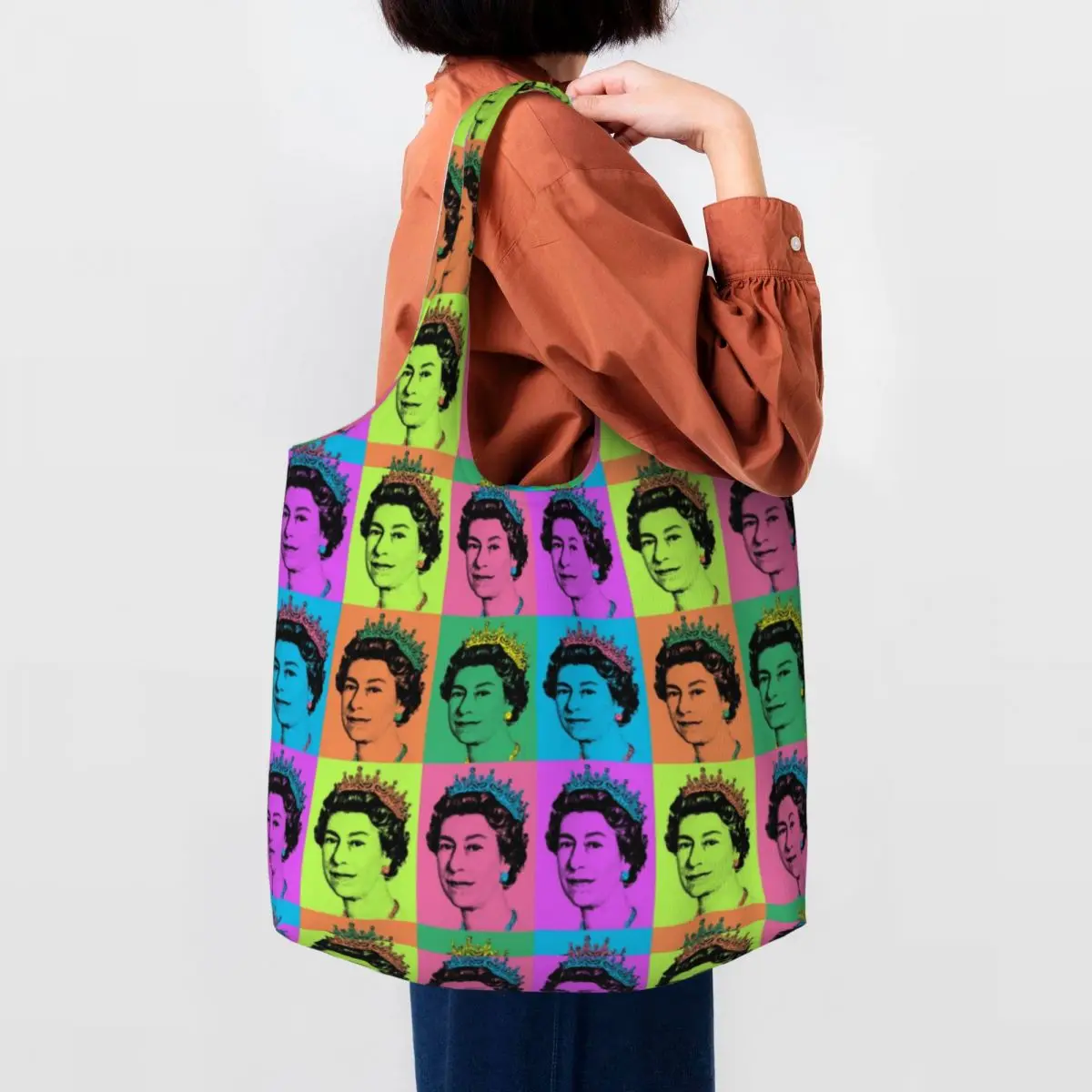 Print Queen Elizabeth II England Pop Art Shopping Tote Bags Reusable Canvas Shoulder Shopper Royal United Kingdom Bag Handbag