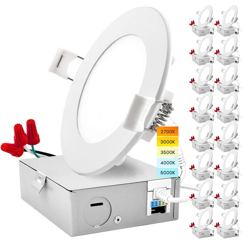 16 Pack 4 Inch Ultra Thin LED Recessed Light with Junction Box, 10W, Color Selectable 2700K | 3000K | 3500K | 4000K | 5000K
