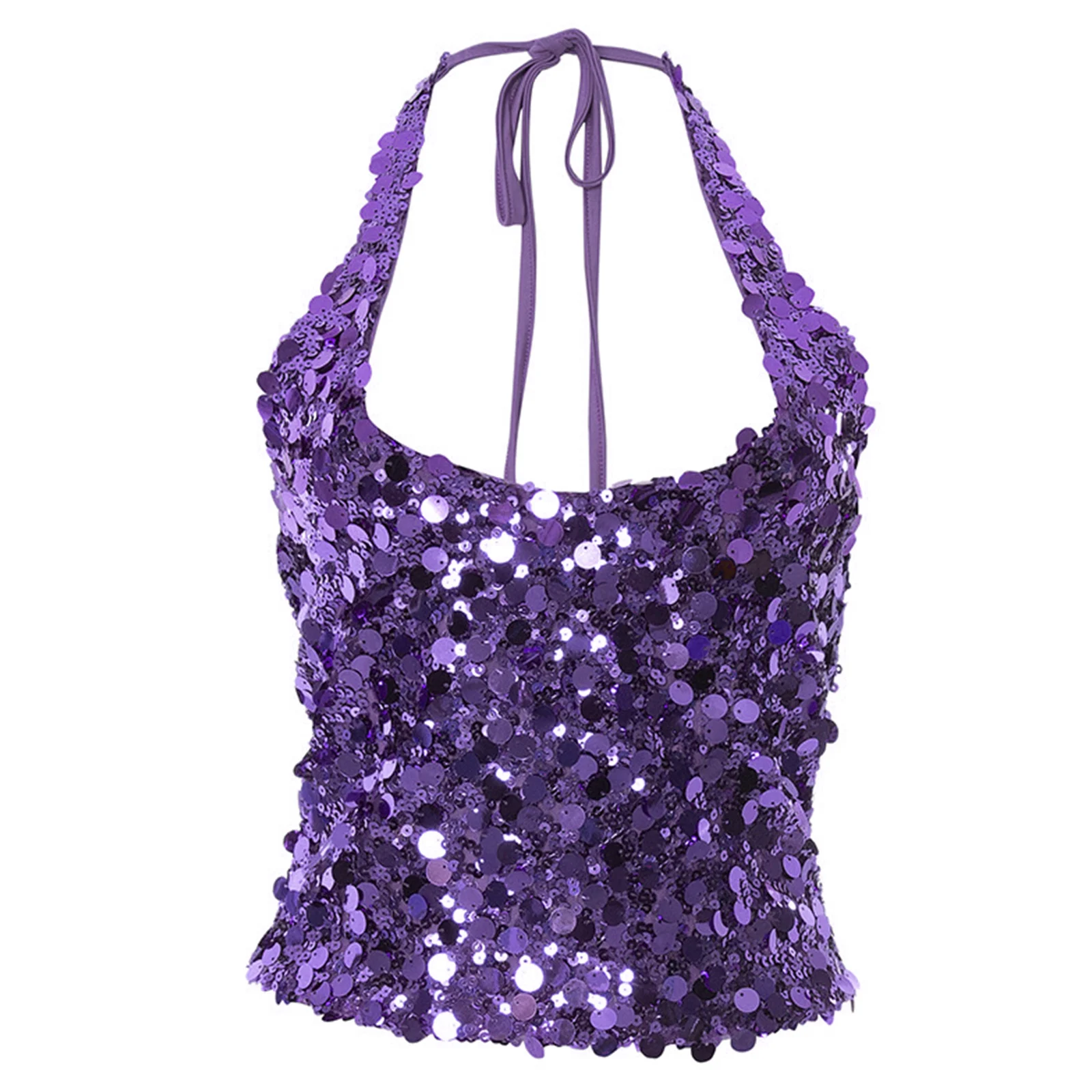 

Womens Allover Sequin Cropped Top Lace-up Halter Low Neck Open Back Sleeveless Camisole Tube Tops for Raves Club Birthday Party